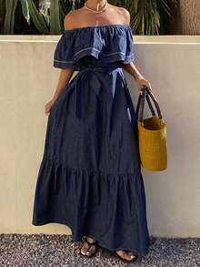 DAZY Women's Off Shoulder Super Long Dress, Vacation Style Washed Denim Dress Maxi Dress - Dark Wash - View 7