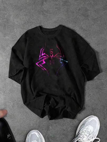 Sport MetroGents Men's Round Neck Letter & Spider Print Casual Versatile Daily Wear Sports Short Sleeve T-Shirt