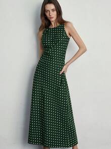 Aveloria Modichic Minimalist Elegant Polka Dot Satin Round Neck Sleeveless Dress, Versatile For Work And Everyday Wear - Dark Green - View 4