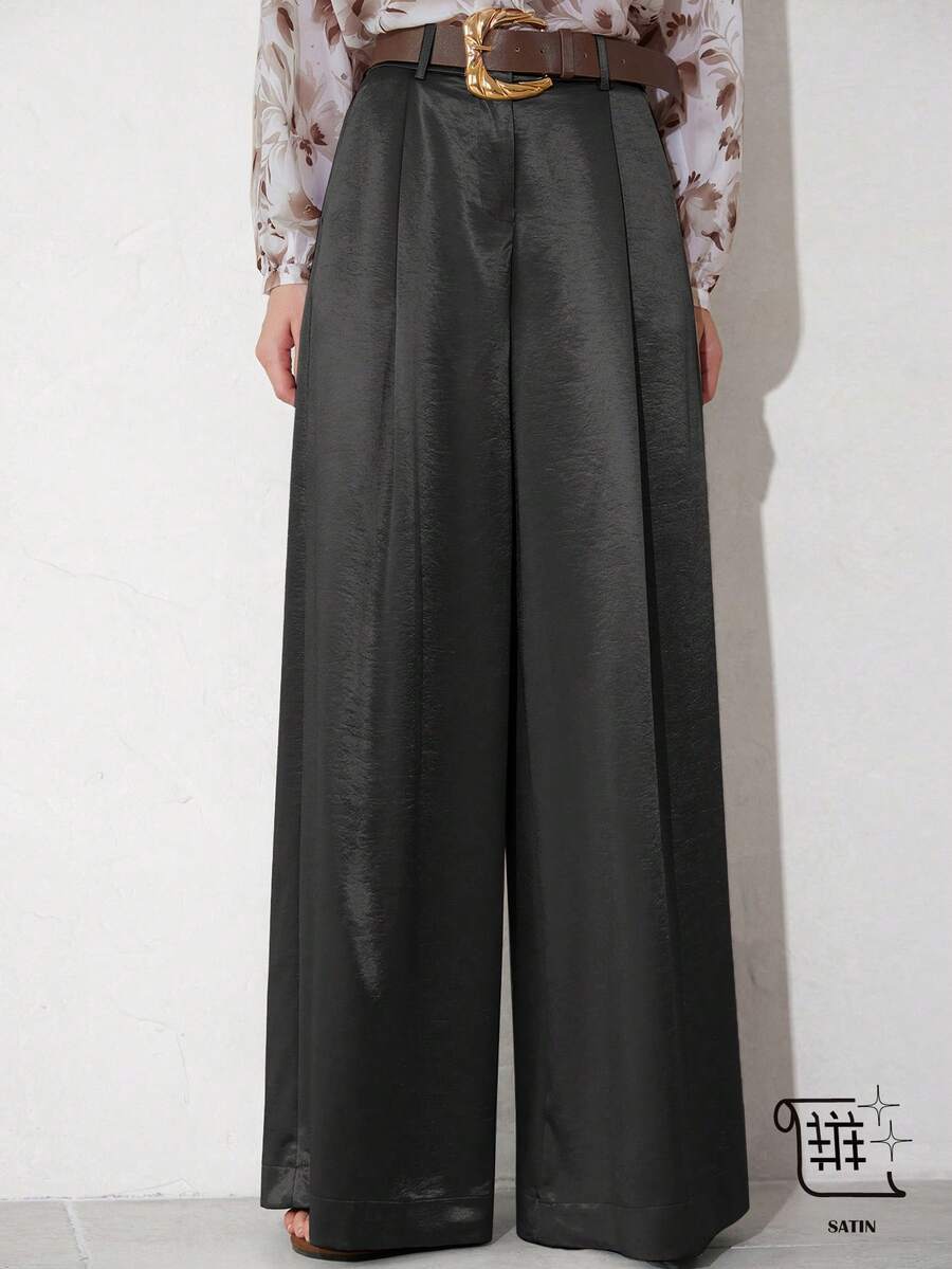 Aveloria Modichic Women's Elegant Loose Fit Flowy Trousers With Leather Belt, Flattering Leg Line, Suitable For Commuting - Grey - View 1