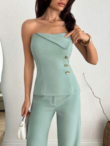 SHEIN Women Two Pieces Outfits Tops And Pant Sets - Mint Green - View 5