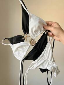 Swim Vcay 1 Set Women's Solid Color Halter Neck Triangle Bikini Swimwear, Black & White - Black and White - View 5