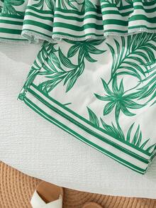 SHEIN 2件套女童夏季圆领无袖露背拼接荷叶边条纹设计背心和直筒休闲短裤套装，简约时尚度假风 - 綠色 - 查看 3