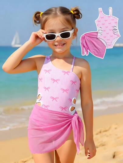 Young Girl One-Piece Swimsuit, Perfect For Vacation, Casual, And Cute. Features A Pink Bow And Striped Print, Knitted Fabric, One-Shoulder Design, And Side Cutouts. With A Pink Triangle Skirt., Suitable For Swimming, Summer Vacations, Beaches, Swimming Pools 3pcs Set Bikini Set With Sarong Skirt Pink Bathing Suit For Kids Beach Clothes Kids Young Girls Sets Bathing Suits For Girls With Skirt Tied Waist Slim Fit Swimwear Pink Swimsuits For Girls Girl One Piece Swimsuit Kids Bathing Suits Pink Girl Beach Wear Cutout Swimsuit For Girls Pink Swimsuits For Kids Bathing Suits For Girls Pink One Piece Swimsuits For Girls Girls Cutout Swimsuit