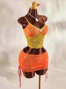 Amplova 女士水钻装饰撞色蕾丝修身性感吊带背心，夏季休闲上衣，适合春节派对、复活节、海滩度假、婚礼及活动、毕业典礼、外出、生日等场合，优雅海滩度假上衣，休闲橙色夏季上衣，龙舌兰日出节上衣 - 黃色 - 查看 10