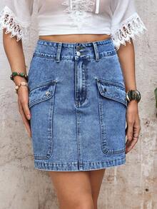 EMERY ROSE Women's Casual Pocket Button Denim Mini Skirt, Versatile For Daily Wear - Blue - View 9
