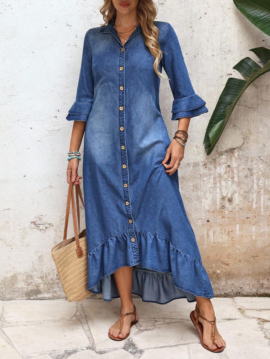EMERY ROSE Women's Casual Denim Dress With Bell Sleeves, Single-Breasted, Ruffle Hem - Blue - View 1