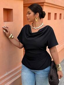Breezaya Black Draped Collar Shirt - Short Sleeve With Back Drawstring Waist, Plus Size Fashionable For Casual/Office Wear (Spring & Summer New Arrival) - Black - View 5