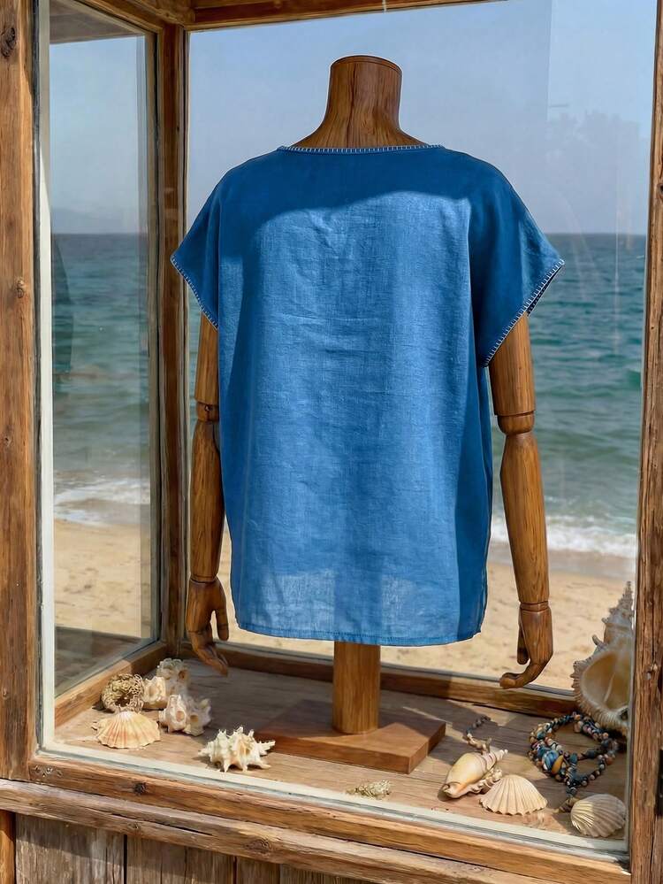 Plus Size Women's Vacation Plant Embroidery V-Neck Batwing Short Sleeve Casual Shirt Summer Tops Summer Outfits Summer Clothes  Spring  Spring Outfit Women Spring Clothes Country Style For Women Vacation Outfits Women  Seaside Retro Mannequin Window Display