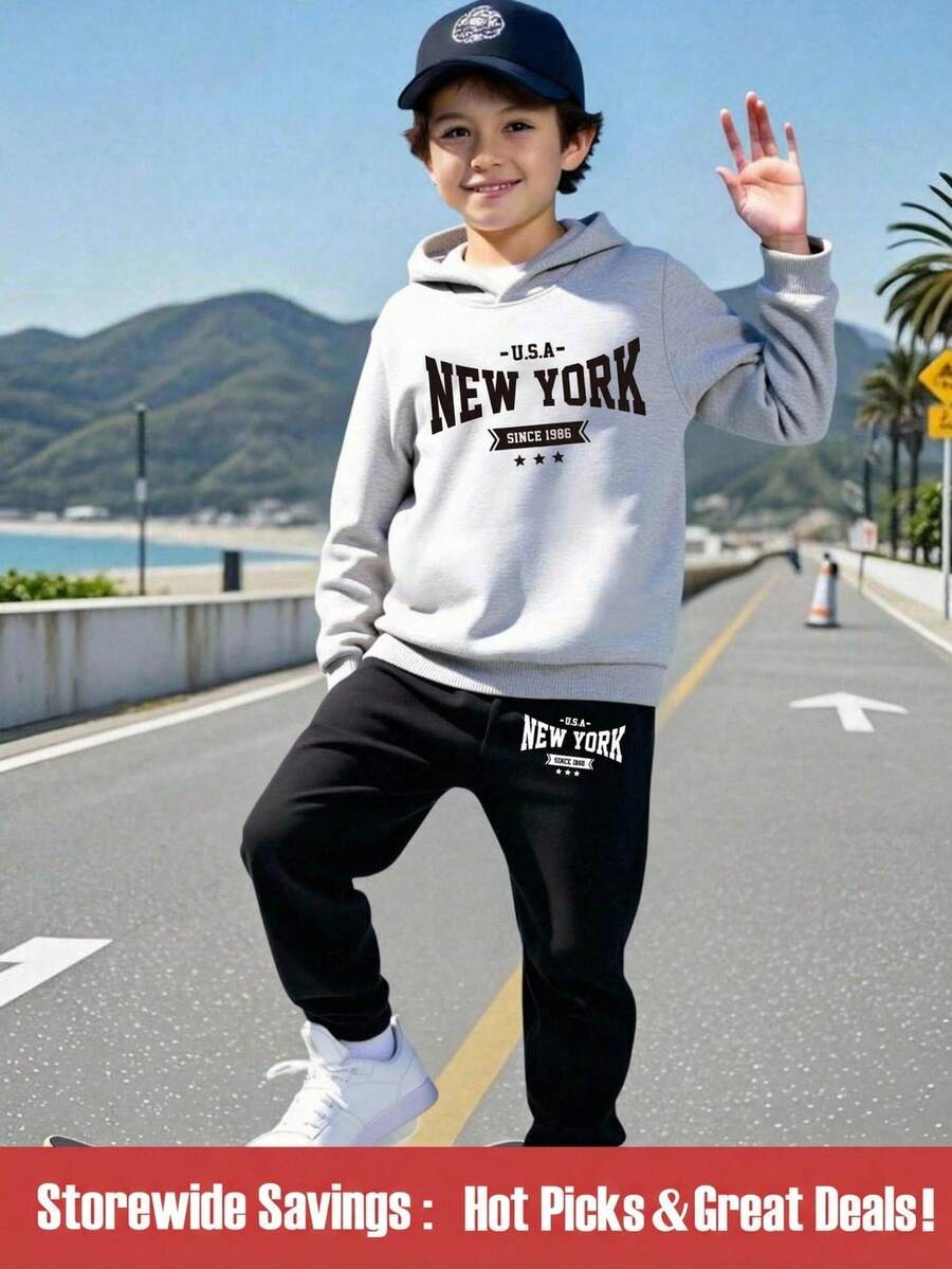 男童时尚休闲印花卫衣和运动裤套装(2件套),舒适保暖,适合秋冬季穿着。 - 彩色 - 查看 1