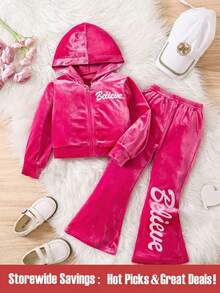 Set de 2 piezas para niñas jóvenes con sudadera con capucha estampada simple y pantalones acampanados, color rosa - Rosa Fucsia - Ver 1