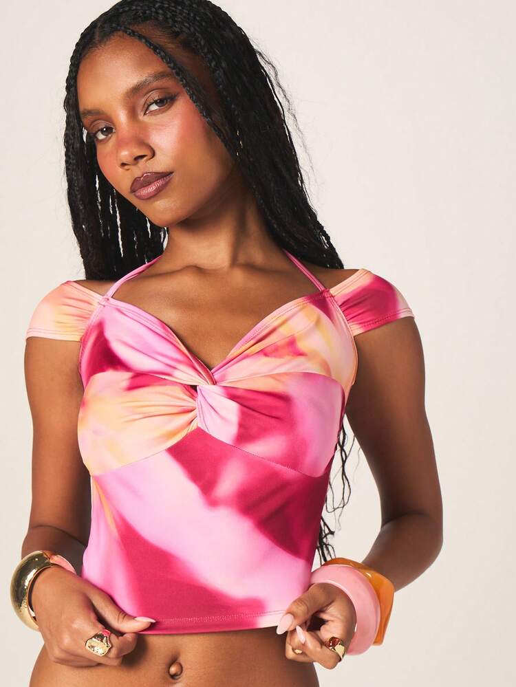 MISSGUIDED Women's Halter Neck Cropped Top And Matching Shorts Two Pieces Tie Dye Gradient Sunset Festival Summer Lounge Co-Ord Set