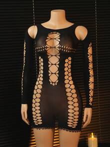 ChaseTheNight 神秘魅力！黑色镂空交叉薄纱睡裙，长袖设计+全身露肤剪裁，适合私密场合。 - 黑色 - 查看 6