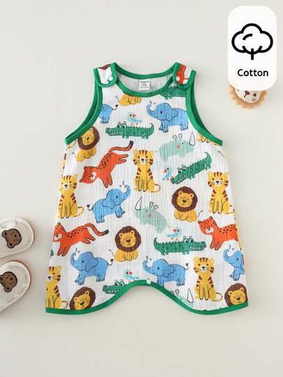 SHEIN Newborn Baby Boy/Girl Cartoon Dinosaur Pattern Contrast Color Round Neck Sleeveless Romper Shorts, Comfortable & Versatile
