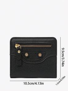 Viva Strut 1件装女士时尚黑色仿皮钱包，金色铆钉拉链设计，摩托车风格，短款钱包，超薄短款钱包，双折短款钱包，适合日常出行，送礼佳品。 - 黑色 - 查看 5