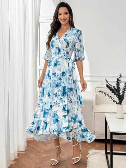 Miaspire Women's Floral Print Overlap V-Neck Petal Sleeve Elegant Dress