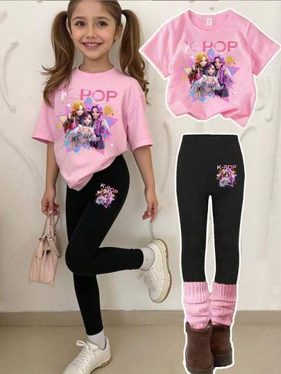 Girls (Small) Cartoon Print T-Shirt And Pants Set