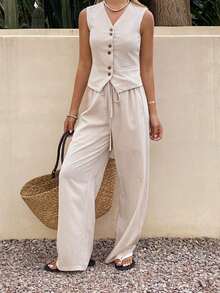DAZY Women's Casual Solid Color Faux Pocket Drawstring Waist Wide Leg Pants 2-Piece Set, Spring/Summer Lounge Sets For Women Short Sets For Women - Apricot - View 3