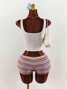 Amplova Beach Vacation Outfit - 3D Star Decor Mesh Tank Top & Colorful Striped Shorts Set For Women Two Piece Spring Set Festival Two Piece Outfit Summer 2 Piece Set Beach 2 Piece Set - Multicolor - View 4