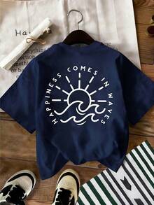 DrmWander 女士圆领字母印花夏季休闲百搭短袖T恤 - 藏蓝色 - 查看 2