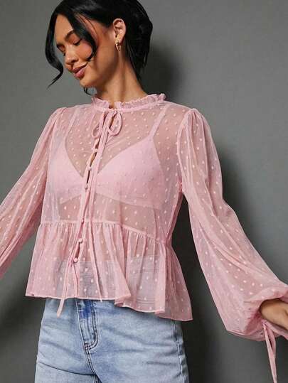 WESTFADE Sheer Dot Mesh Mock Neck Bow Tie Front Ruffle Peplum Long Sleeve Top Cute Fall Top For Women, Back To School, Autumn, Winter, Going Out, Casual Cute Boho Blouse