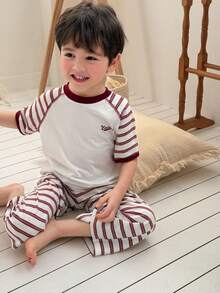 DAZY 男童条纹插肩短袖上衣和裤子睡衣套装 - 紅色 - 查看 6