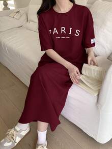 SHEIN 青少年女孩酒紅色短袖T恤洋裝，秋季寬鬆大尺寸圖案字母印花針織圓領休閒洋裝，度假風 - 酒紅色 - 查看 5