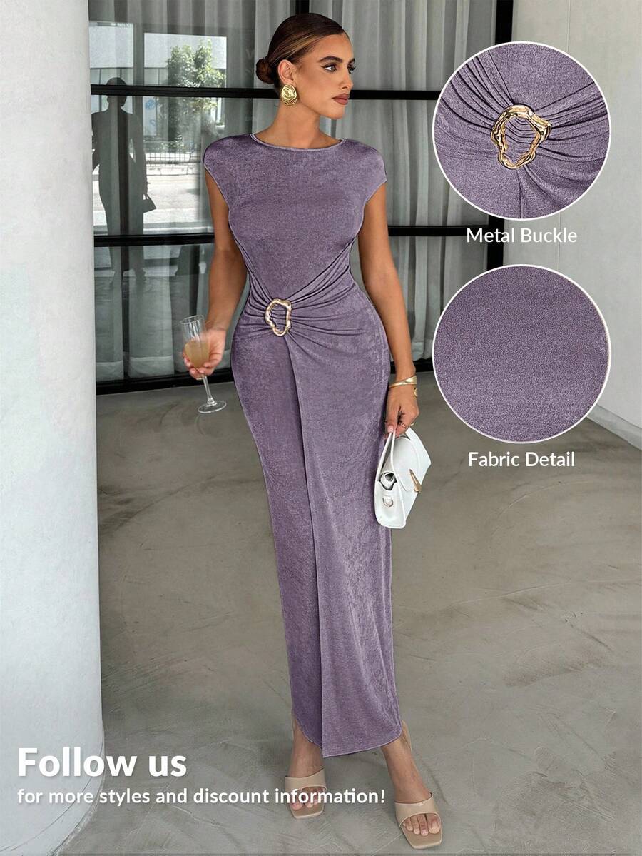 Lavishia Women's Solid Color Metal Decor Ruched Waist Elegant Fishtail Dress, Suitable For Dates And Parties - Dusty Purple - View 1
