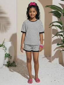 少女黑白条纹宽松两件套，休闲度假时尚百搭，姐妹装，适合公园露营、家庭合影、派对、日常穿着 - 黑與白 - 查看 4