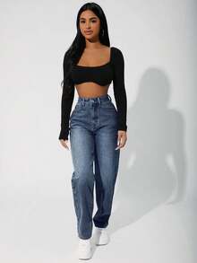 SHEIN PETITE Quần jeans nữ cạp cao, có túi, ống côn, kiểu dáng thường ngày, đa năng. - Màu xanh lam - Xem 3