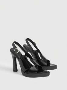 CUCCOO LuxiPop 女士户外尖头高跟防水PU轻薄面料交叉绑带设计，时尚简约舒适，适合日常聚会和宴会等场合，高跟凉鞋 - 漆皮黑 - 查看 4