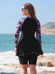 Swim Mulvari Plus Size Women's Patchwork Palm Tree Print Long Sleeve Tankini Top And Shorts Swimwear Set, Vacation Burkini - Black - View 2