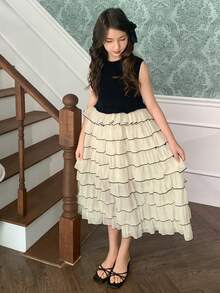 Dazy Kids 青少年女孩拼色圓領荷葉邊下擺無袖洋裝 夏季陽光洋裝 - 黑色 - 查看 3