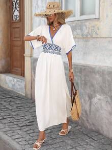 Brillora 女士春夏时尚休闲优雅浪漫度假刺绣拼接连衣裙 - 藍白色 - 查看 4