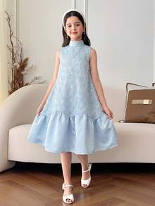 SHEIN 少女優雅立領無袖A字提花洋裝，小少女淺藍色夏季婚禮賓客套裝裙，天藍色，通勤穿搭 - 淺藍色 - 查看 7