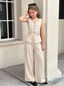 少女休闲优雅通勤街头时尚提花条纹3D蝴蝶结纽扣前襟无袖背心上衣和直筒裤套装 - 杏色 - 查看 1