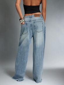 Denimoi Distressed Hem Wide Leg Denim Jeans Fashionable Streetwear Boyfriend Jeans Wide Leg Jean - Medium Wash - View 2