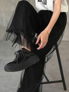 FRIFUL Women's Solid Color Elastic Waist Mesh Patchwork Loose Pants - Black - View 6