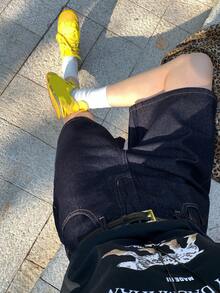 DAZY 少女夏季休闲水洗阔腿牛仔短裤 - 深色水洗藍 - 查看 8