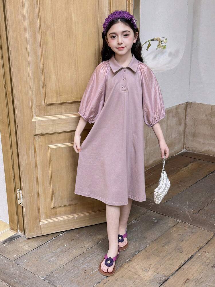 Tween Girl Solid Color Raglan Lantern Sleeve Polo Collar Casual Loose Dress Summer