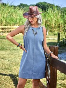 EMERY ROSE Women's Casual Sleeveless Loose Denim Dress - Light Wash - View 6