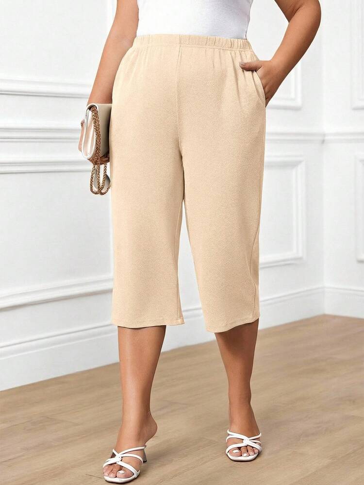 Plus Size Women Solid Color Pocket Casual Versatile Capri Pants, Summer Outfits For Women,Solid Capris Pants,Spring/Summer/Vacation,Commute, Daily Wear