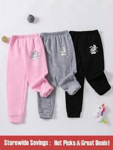 SHEIN Conjunto de 3 piezas de pantalones deportivos con cintura alta, de estilo lindo con estampado de unicornio, con forro térmico grueso para niña, para otoño e invierno - Multicolor - Ver 1