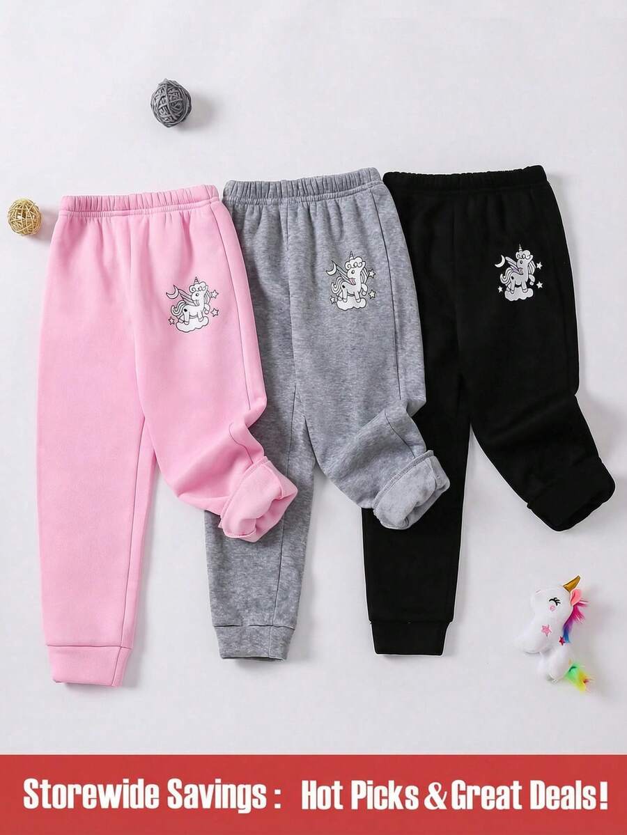 SHEIN Conjunto de 3 piezas de pantalones deportivos con cintura alta, de estilo lindo con estampado de unicornio, con forro térmico grueso para niña, para otoño e invierno - Multicolor - Ver 1