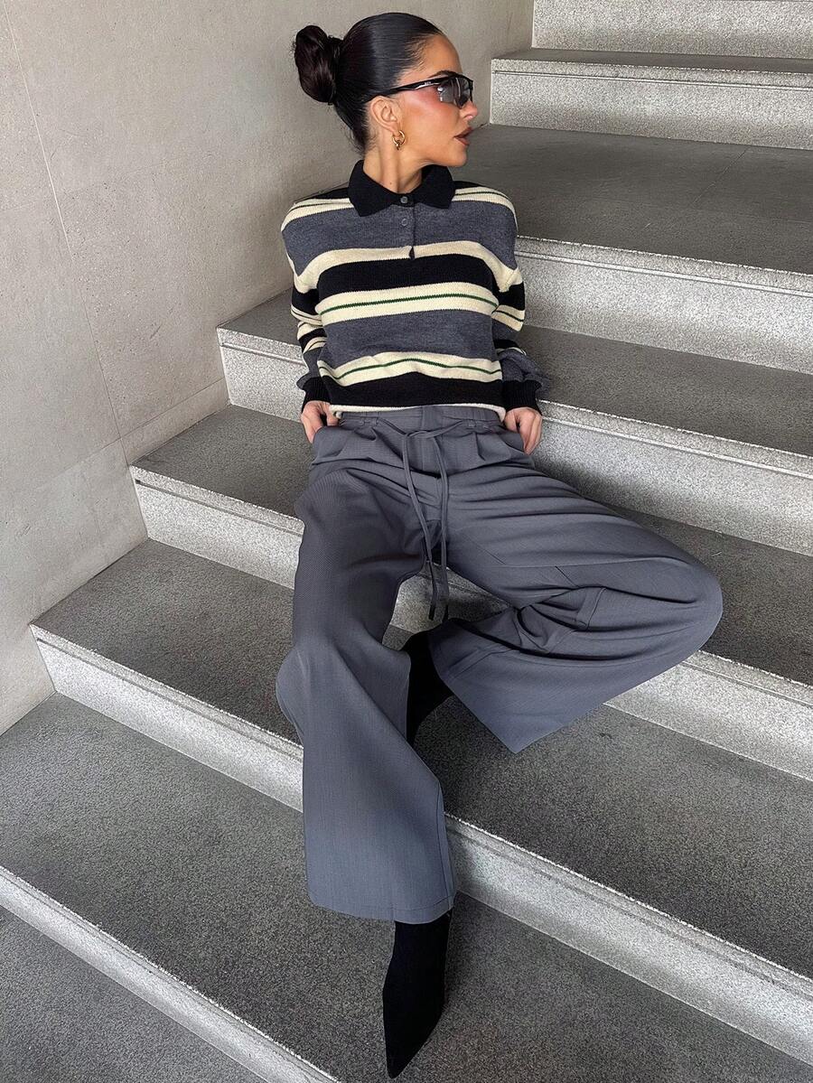 Marta Soriano Women's Casual Striped Turtleneck Sweater, Autumn - Grey - View 1