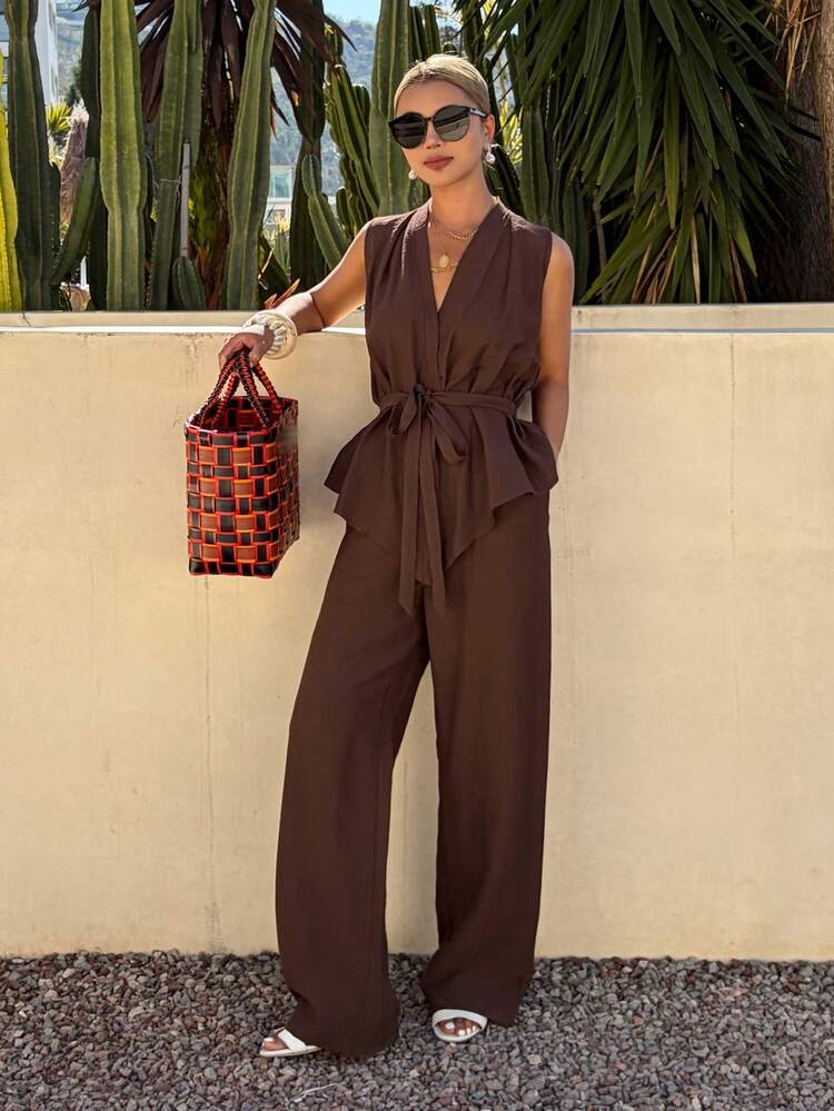 Women's Casual Solid Color Sleeveless Belted Tank Top And Wide Leg Pants 2 Pieces Set, Summer