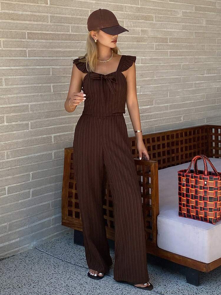 Women's Elegant Textured Striped Tie Strap Camisole And Wide Leg Pants 2 Pieces Set, Summer