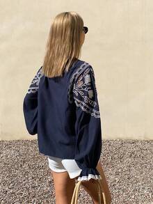 DAZY Women's Elegant Lace Patchwork Embroidered Pleated Blouse, Spring/Summer - Navy Blue - View 2