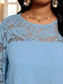 SHEIN Lady 大码蓝色套装，春夏套装，亮面套装，蕾丝拼接套装，休闲装，时尚系列，户外装，日常搭配，长袖上衣和裤子 - 藍色 - 查看 8