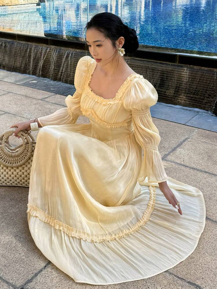 Spring & Summer Solid Yellow Lantern Sleeve Square Collar Floral Splice Dress, Elegant For Valentine's Day, Wedding, Party, Formal Occasion, Fashion Commute, Trumpet Sleeve Waist Fitted Long Sleeve Maxi Dress For Women Sun Dresses For Women